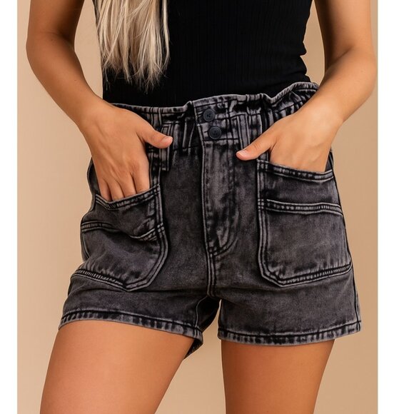 NWT Kancan Black Acid Wash High Waisted Paper Bag Jean Shorts Size Small - Picture 1 of 10